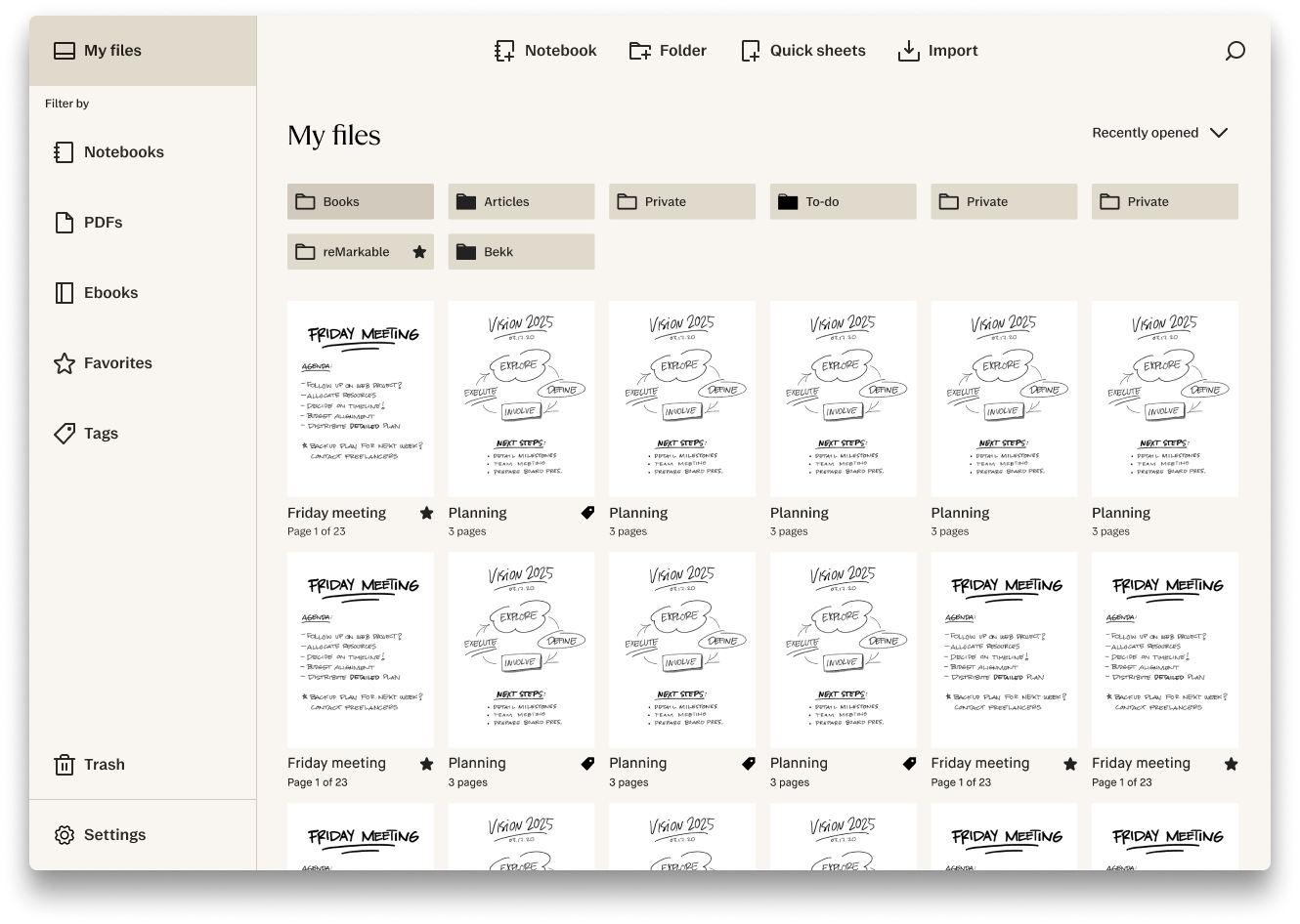 Screenshot of "My files" in reMarkable desktop app. 