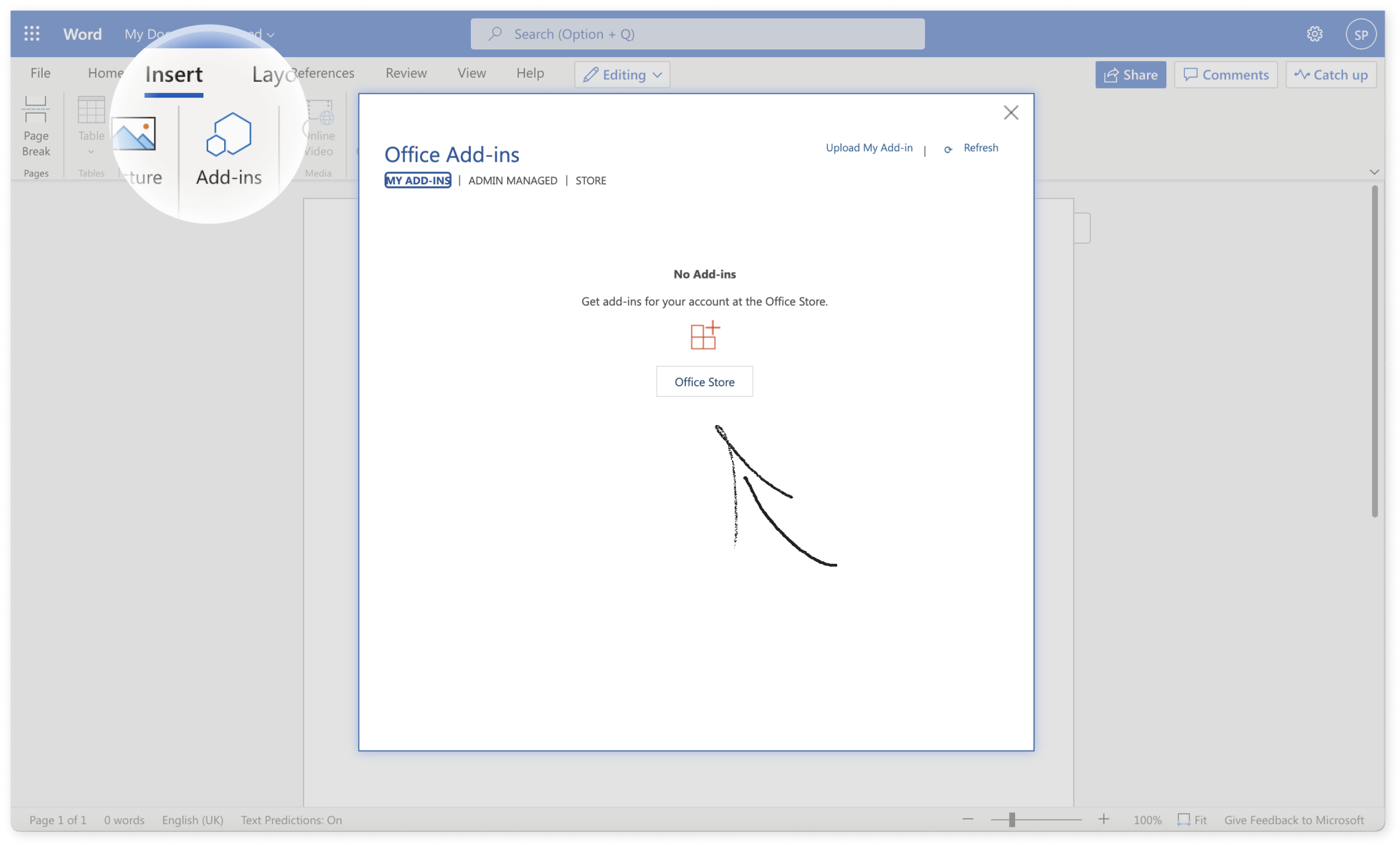 Screenshot of add-ins button.