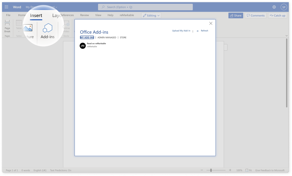 Screenshot of add-ins button.
