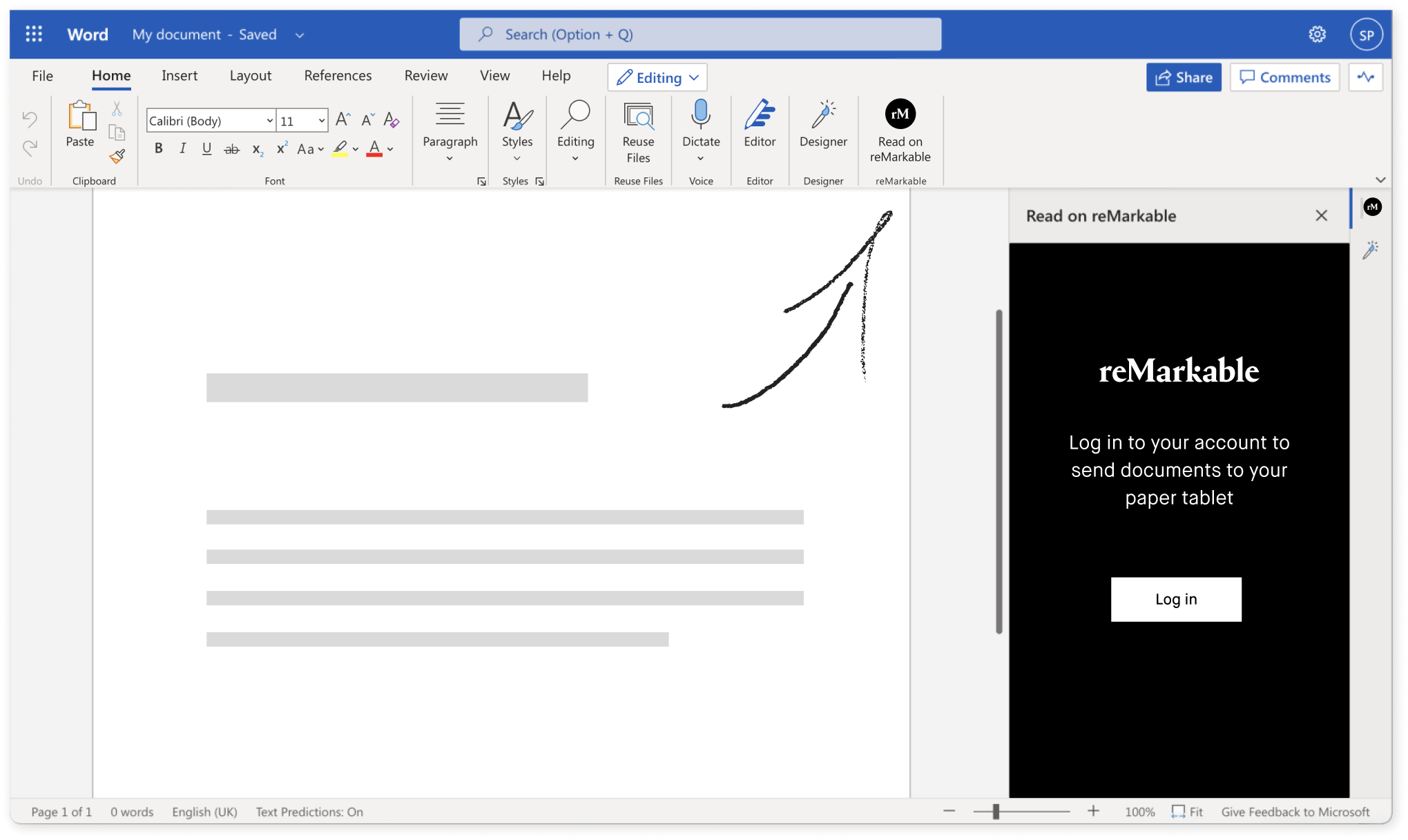 Screenshot with arrow pointing towards Read on reMarkable-button.