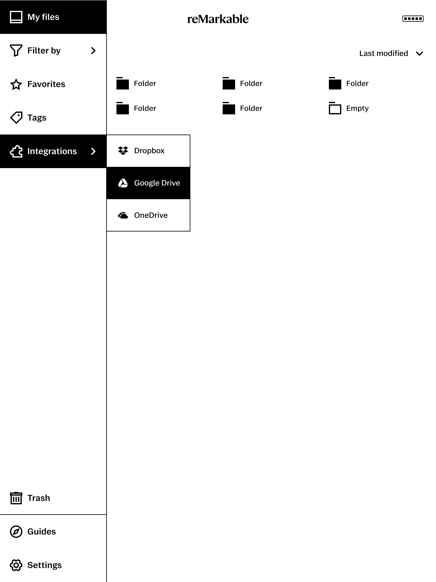 reMarkable device screen with cloud integration selected. Illustration.