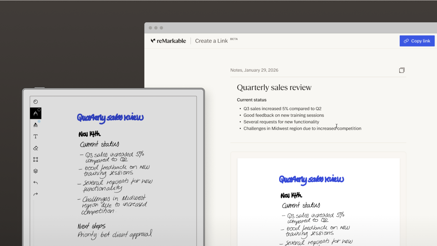'Create a link' funcionality showcased on my.remarkable.com and reMarkable paper tablet.