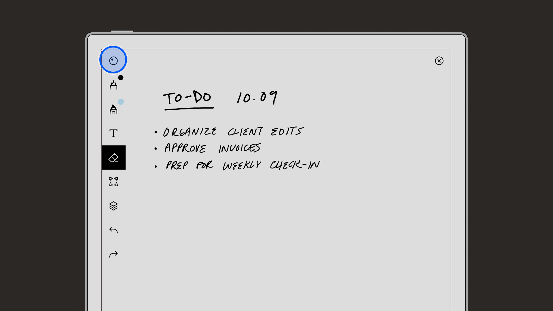 reMarkable screen with toolbar showing, and show/hide toolbar button being highlighted.