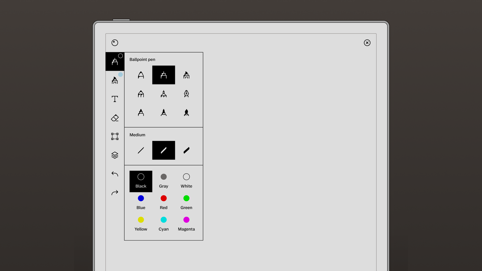 reMarkable screen with toolbar showing, highlighting the different writing tools.